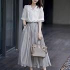 Set: Short Sleeve Plain Blouse + Midi A-line Skirt