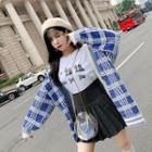 Set Of 2: Lettering T-shirt + Pleated Mini Skirt / Plaid Long Sleeved Cardigan