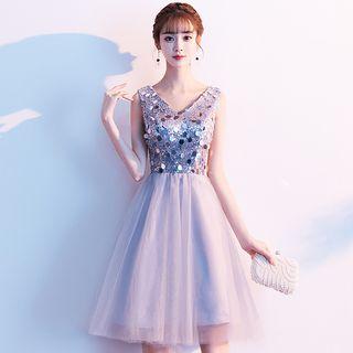 V-neck Sleeveless Sequined Short Prom Dress