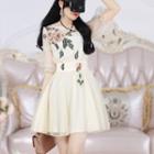Flower Embroidered Puff-sleeve Mini A-line Dress Beige - Xl