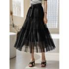 Lace-beribboned Long Mesh Tiered Skirt