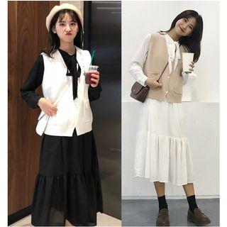 Long-sleeve Tie-neck Midi A-line Dress / V-neck Buttoned Knit Vest