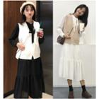 Long-sleeve Tie-neck Midi A-line Dress / V-neck Buttoned Knit Vest