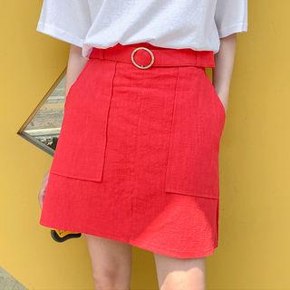 Belted Patch-pocket Miniskirt