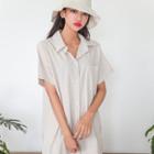 Short-sleeve Pocket-front Striped Midi Shirtdress With Sash