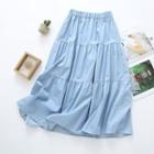 Tiered Denim Midi A-line Skirt Light Blue - One Size