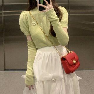 Short-sleeve Knit Top / Arm Sleeves / Midi A-line Skirt / Set