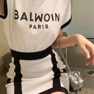 Short-sleeve Lettering T-shirt / Contrast Trim Pencil Skirt
