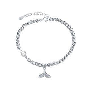 925 Sterling Silver Simple Fishtail Ball Bead Bracelet With Austrian Element Crystal Silver - One Size