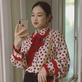 Bow Accent Heart Print Ruffle Trim Shirt