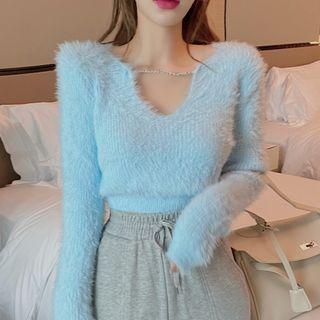 Rhinestone Embellished Fluffy Sweater