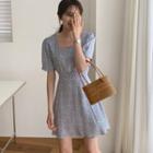 Short-sleeve Square Neck Tie-waist Floral Printed Dress