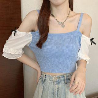 Off-shoulder Short-sleeve Bow Panel Knit Blouse