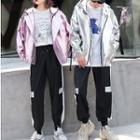 Couple Matching Hooded Lettering Zip Jacket/ Contrast-trim Sweatpants