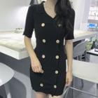Elbow Sleeve Double Breasted Rib-knit Dress
