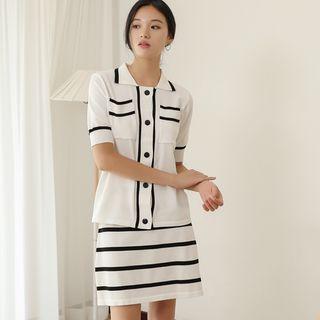 Set: Contrast-trim Knit Top + Band-waist Striped Skirt