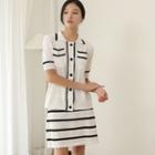 Set: Contrast-trim Knit Top + Band-waist Striped Skirt