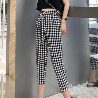 Gingham Straight Cut Cropped Pants Gingham - Black & White - One Size