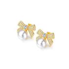 Simple And Cute Plated Gold Ribbon Imitation Pearl Stud Earrings With Cubic Zirconia Golden - One Size