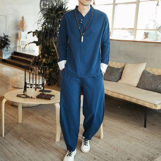 Set: Chinese Style Long-sleeve Placket Top + Pants