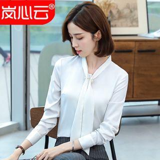 Tie-accent Shirt/ Stripe Slim-fit Cropped Dress Pants/ Set
