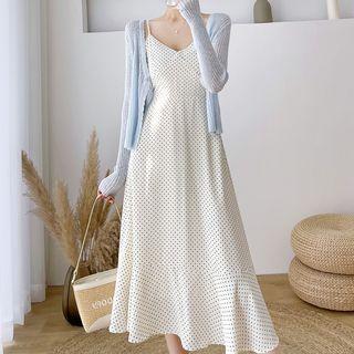 Spaghetti Strap Dotted Midi A-line Dress / Cardigan / Set