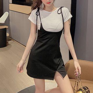 Set: Short-sleeve Plain T-shirt + Mini Overall Dress