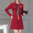 Collared Long-sleeve Shift Dress With Scarf