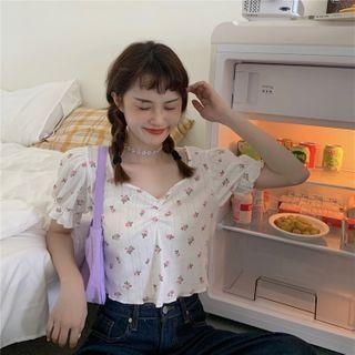 Floral Print Short-sleeve Cropped Top Pink - One Size