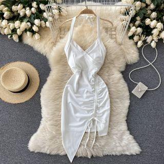 Halter Drawstring Ruched Asymmetrical Dress