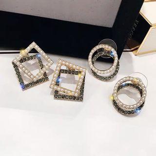 Faux Pearl Rhinestone Square / Hoop Earring