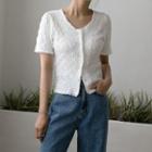 Faux-pearl Lace-trim Crinkled Blouse White - One Size