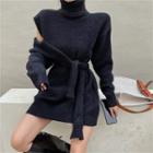 Long-sleeve Cut-out Turtleneck Mini Knit Dress