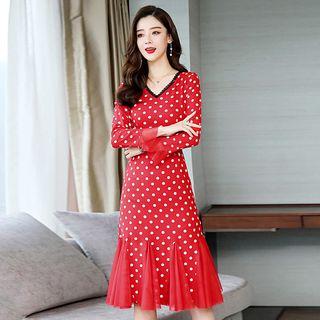 Set: Long-sleeve Dotted Mermaid Dress + Belt