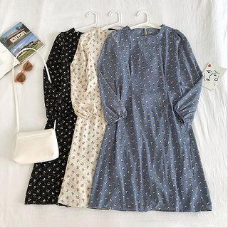 Floral Crewneck Puff-sleeve Lace-up Dress