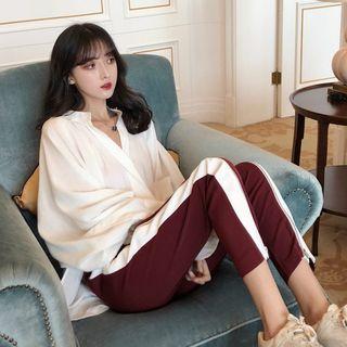 Plain Puff-sleeve Loose-fit Shirt / Color-block Pants