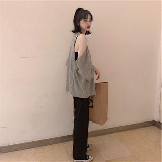 Set: Cutout Short Sleeve Loose Top + Straight-cut Pants
