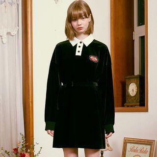 Contrast-collar Patched Velvet Dress Black - One Size