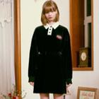 Contrast-collar Patched Velvet Dress Black - One Size