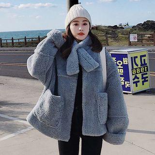 Furry Snap Button Jacket With Scarf