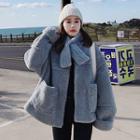 Furry Snap Button Jacket With Scarf
