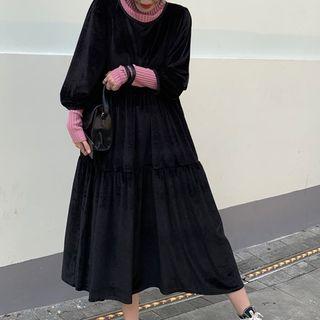 Turtleneck Long-sleeve Knit Top / Velvet 3/4-sleeve Midi A-line Dress