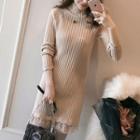 Mock-neck Long-sleeve Lace Knit Dress Khaki - One Size