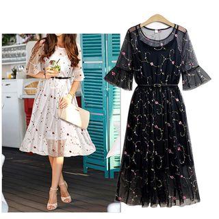 Set: Floral Embroidered Elbow-sleeve A-line Midi Dress + Strappy Dress