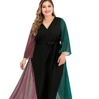 Plus Size Long-sleeve Color Block Panel Midi A-line Dress