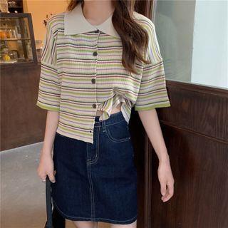 Polo Collar Striped Short-sleeve Blouse