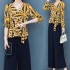 Set: V-neck Printed Blouse + Wide-leg Pants