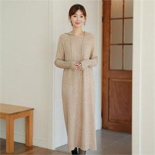 Raglan Perforated Long Knit Hoodie Dress