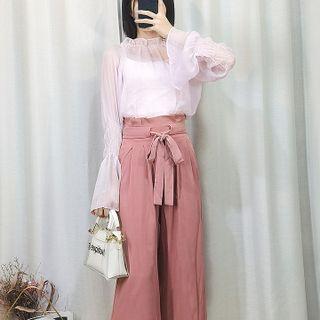 Set: Flared-cuff Blouse + Camisole Top + Wide Leg Pants