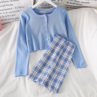 Plain Light Cardigan / Plaid Mini Skirt